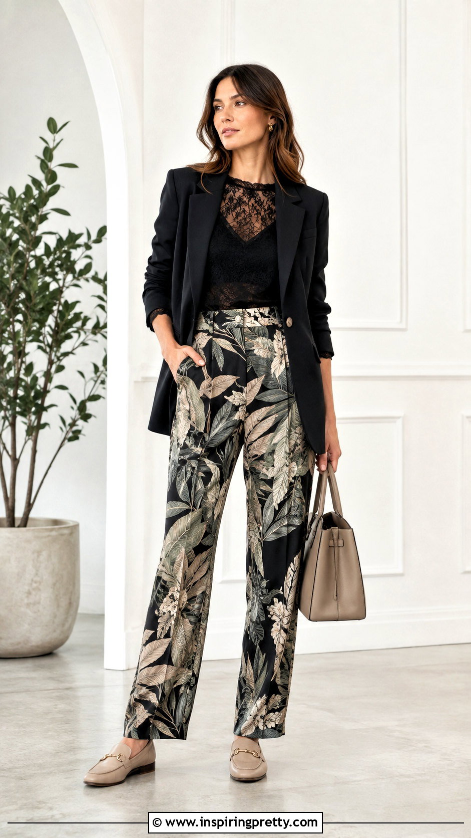Sheer Lace Top With Printed Pants - 50 sheer lace top outfit ideas