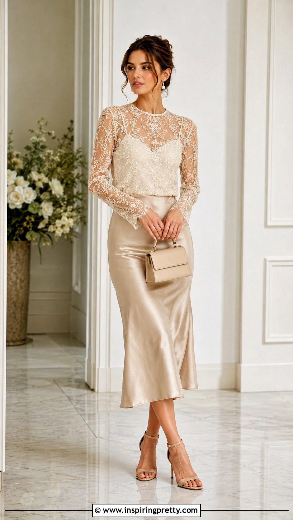 Sheer Lace Top With Satin Midi Skirt - 50 sheer lace top outfit ideas