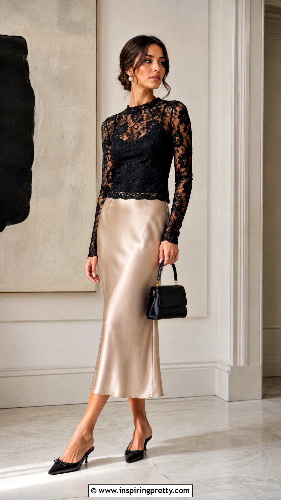 Sheer Lace Top With Satin Midi Skirt - 25 elegant sheer top outfit ideas
