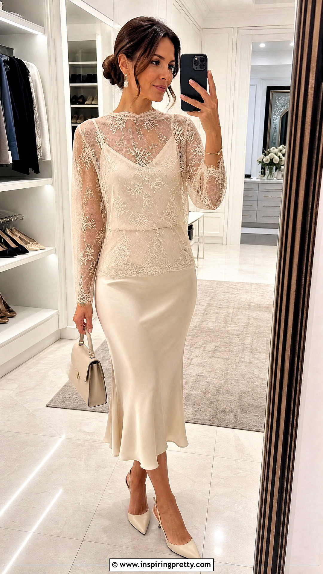 Sheer Lace Top With Satin Midi Skirt Selfie - 25 Sheer Top Selfie ideas