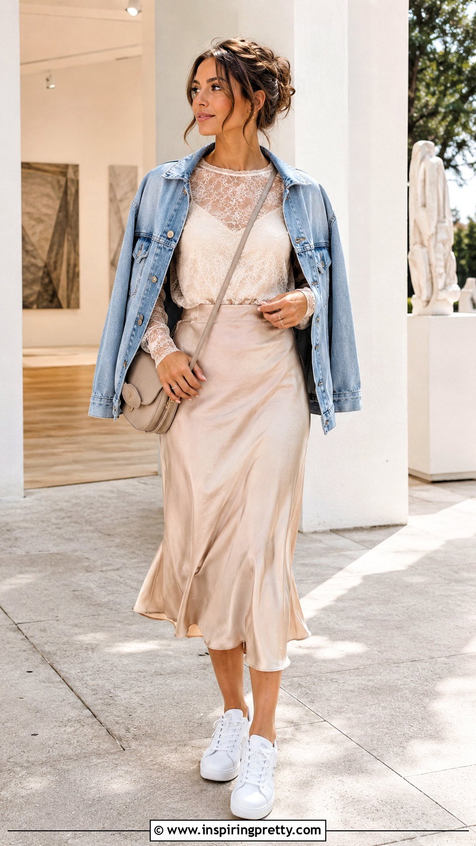 Sheer Lace Top With Slip Skirt And Sneakers - 50 sheer lace top outfit ideas