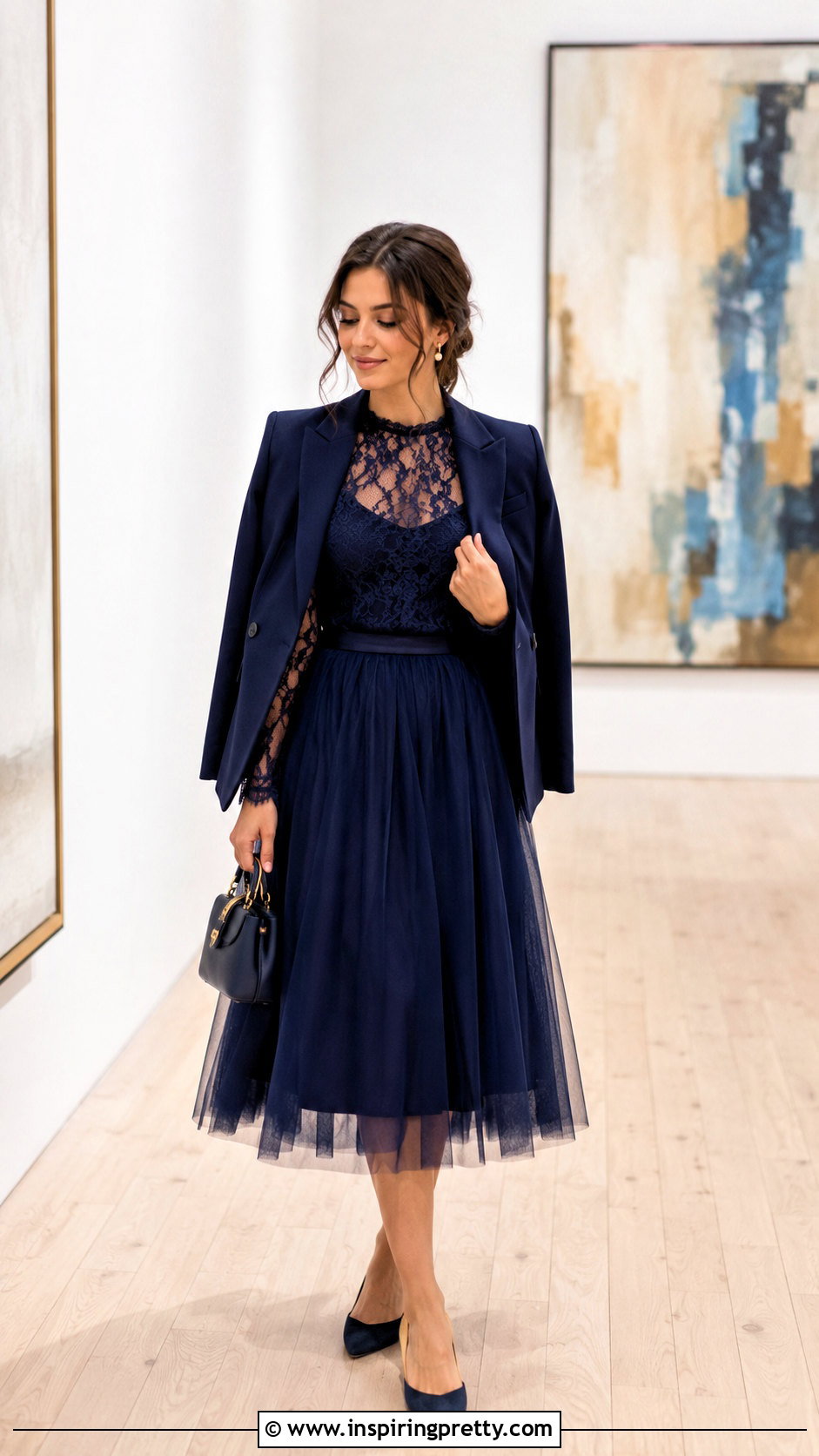Sheer Lace Top With Tulle Midi Skirt - 50 sheer lace top outfit ideas