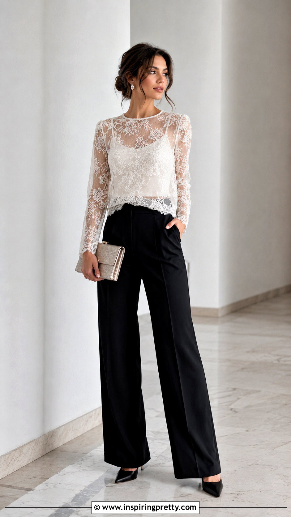 Sheer Lace Top With Wide Leg Pants - 50 sheer top outfit classy ideas