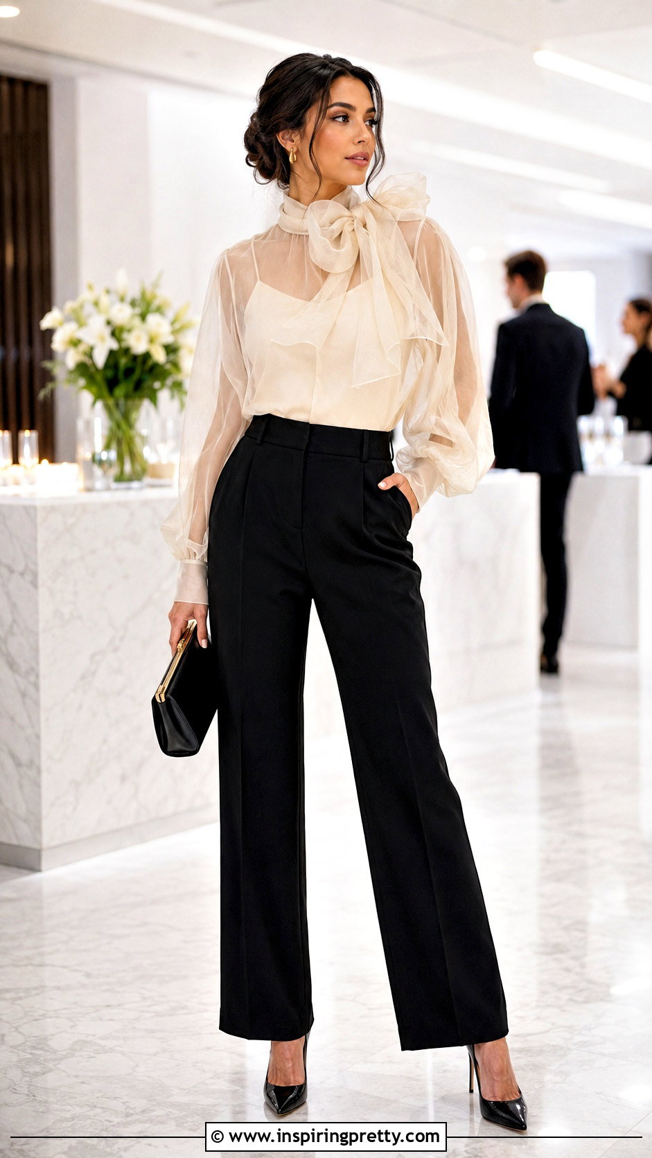 Sheer Large Bow Top With Camisole And Trousers - 25 Large Bow Top outfit ideas