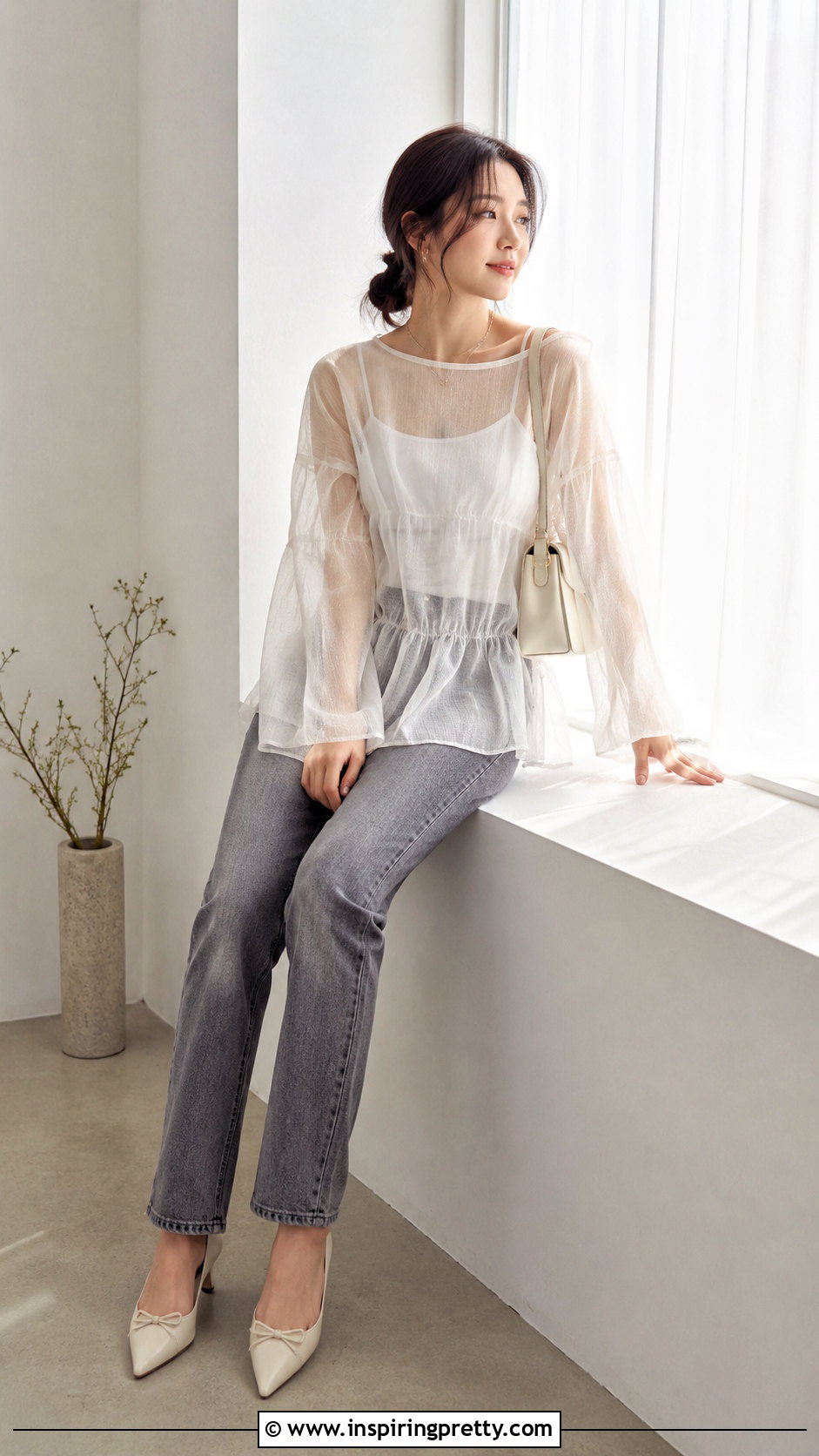 Sheer Layered Top And Gray Jeans Window Seat Pose - 50 jeans top photoshoot poses