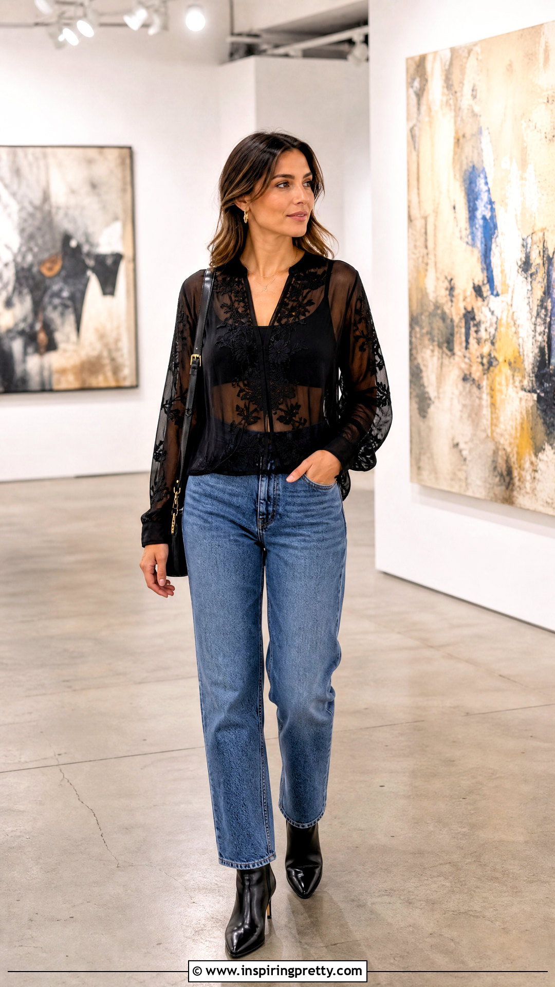 Sheer Layered Top Loose Jeans And Ankle Boots - 50 Jeans And Tops For Women