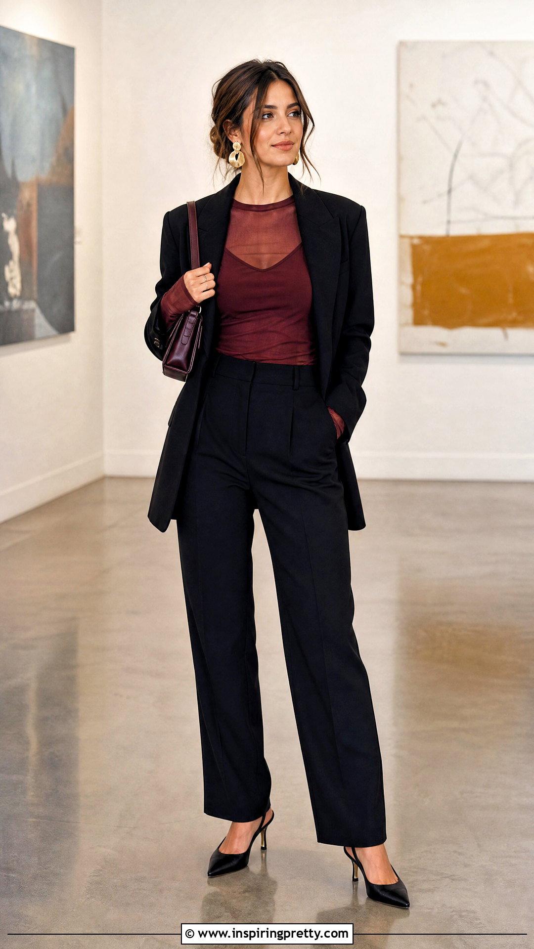 Sheer Layered Top With Tailored Pants - 20 tops for fall 2024 ideas