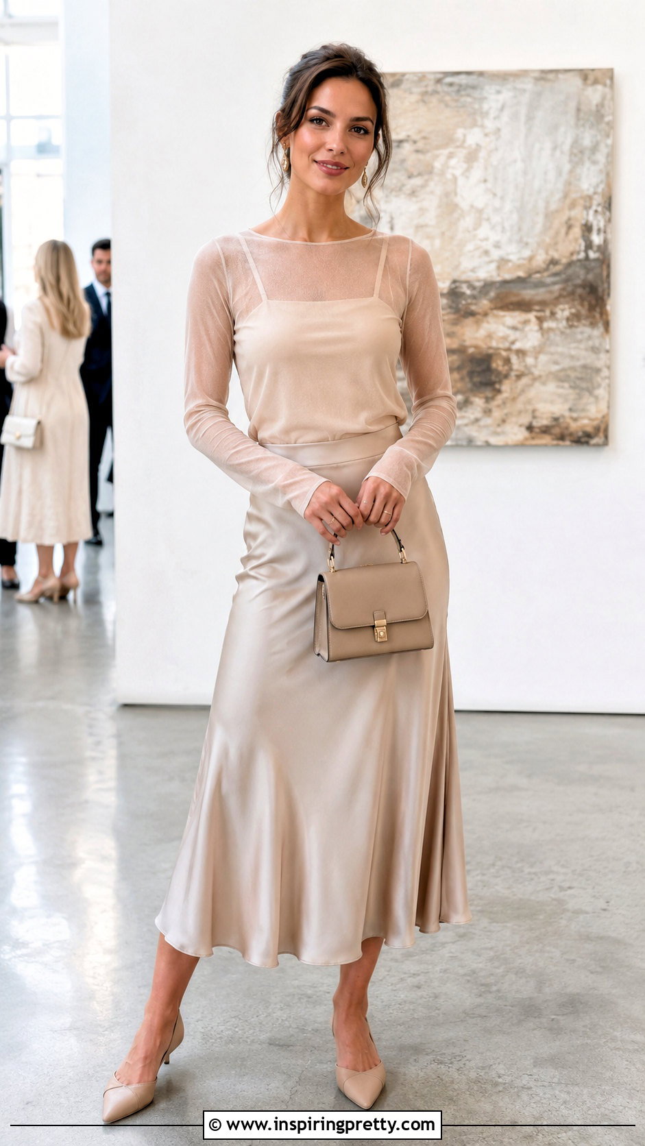 Sheer Layering Top Over Camisole And Midi Skirt - 20 Layering Tops For Spring Ideas