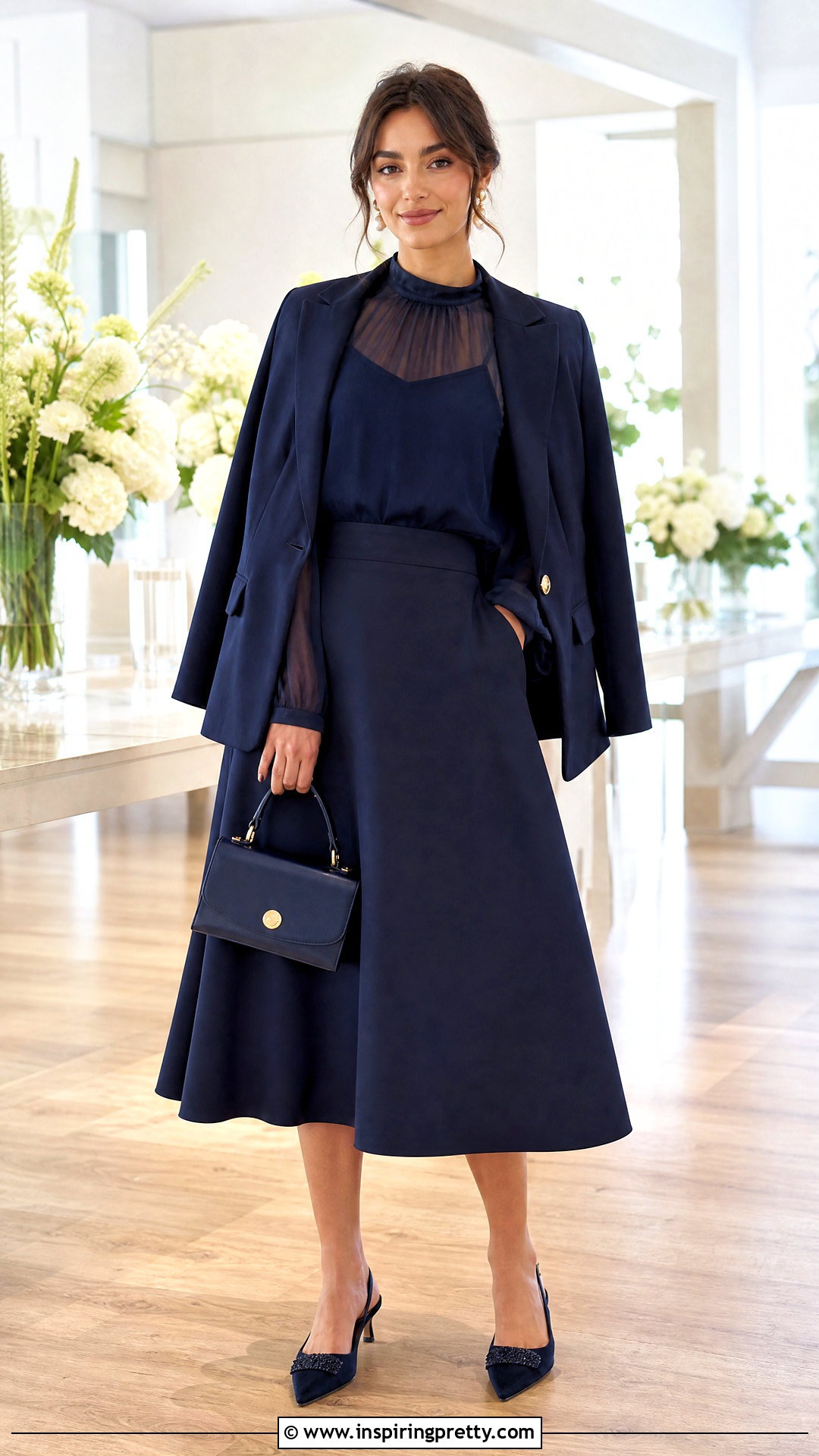 Sheer Long Sleeve Blouse With Midi Skirt - 50 cute long sleeve tops outfit ideas