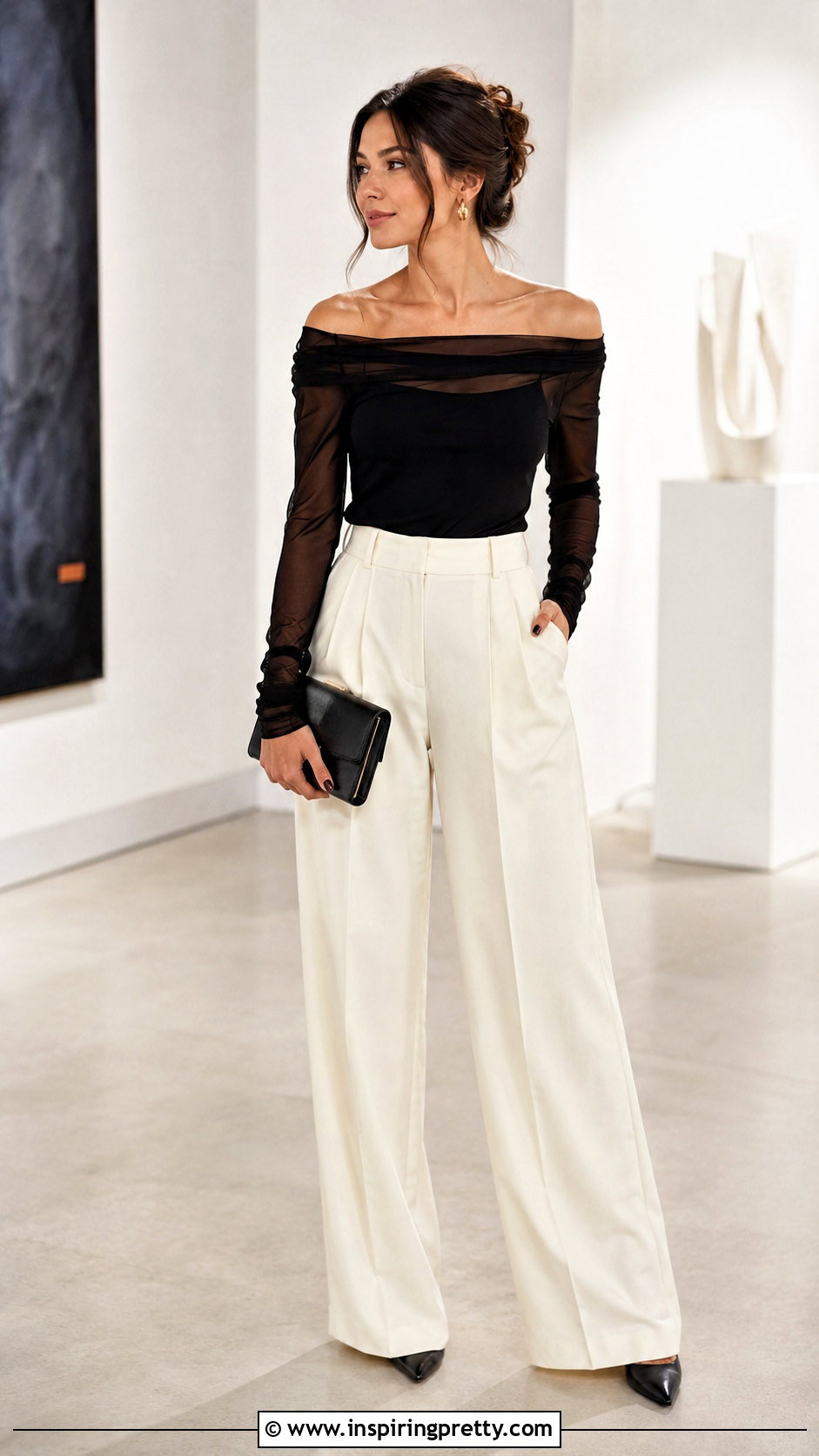 Sheer Long Sleeve Off Shoulder Top With Wide Leg Trousers - 50 long sleeve off shoulder top outfit ideas