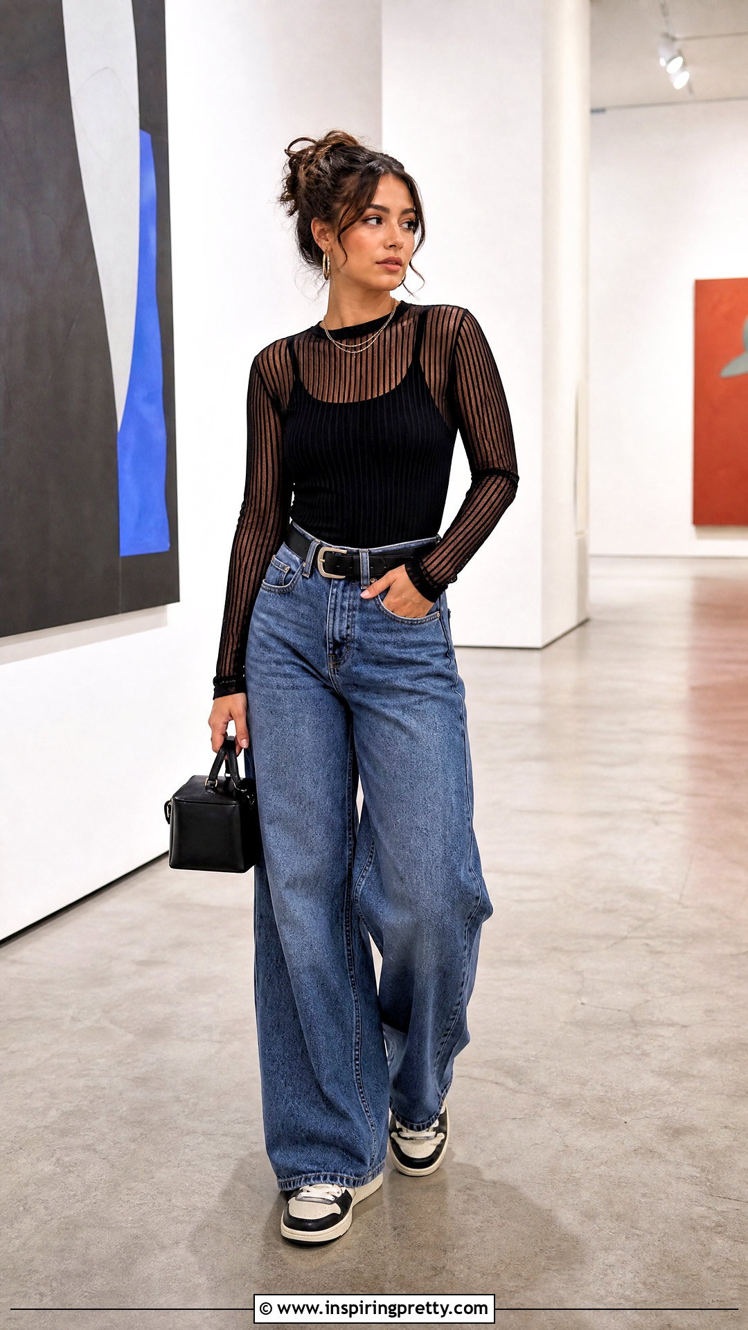 Sheer Long Sleeve Top And Wide Leg Jeans Streetwear Outfit - 50 streetwear tops outfit ideas