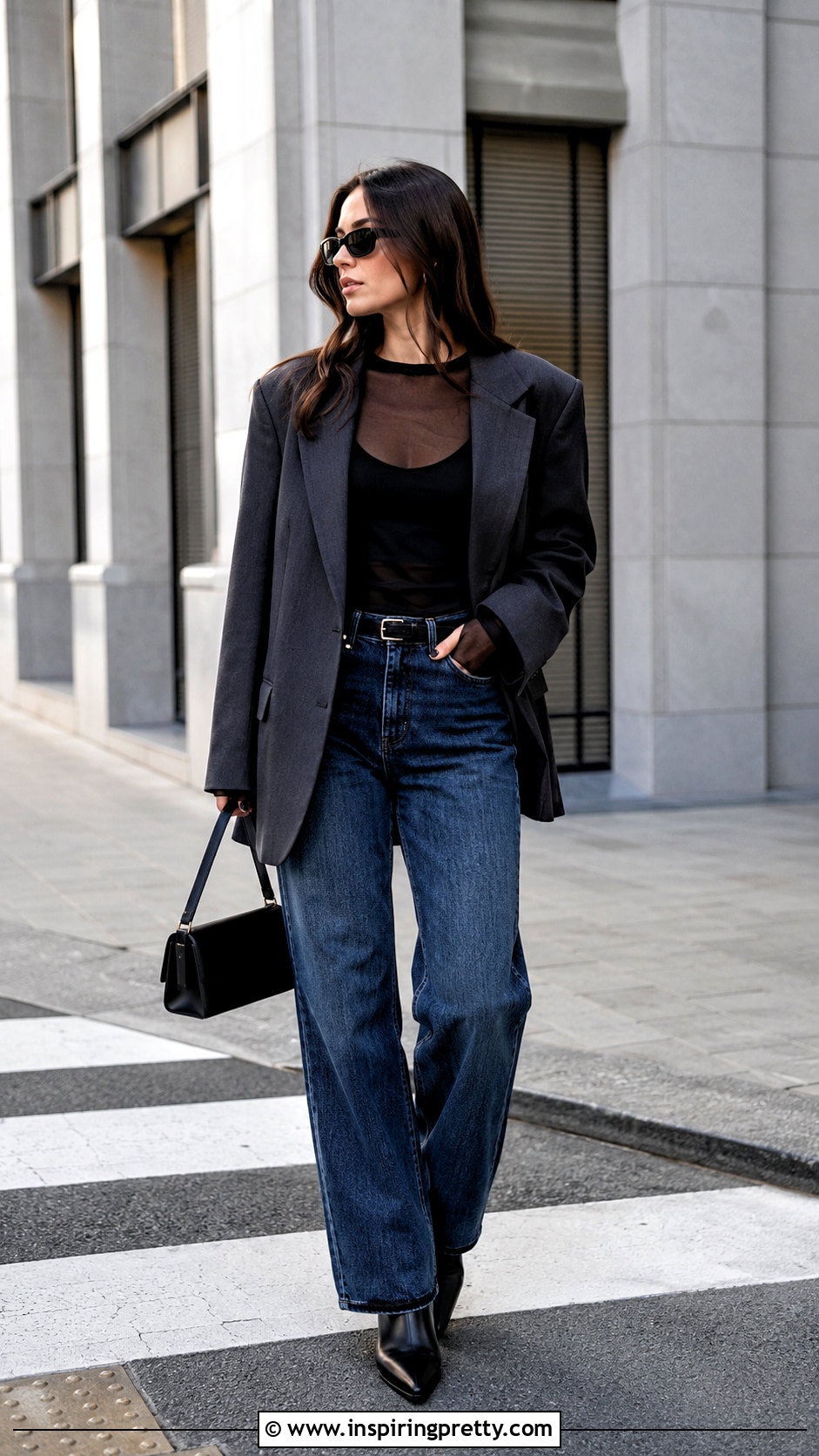 Sheer Long Sleeve Top Under Oversized Blazer - 50 sheer long sleeve top outfit ideas