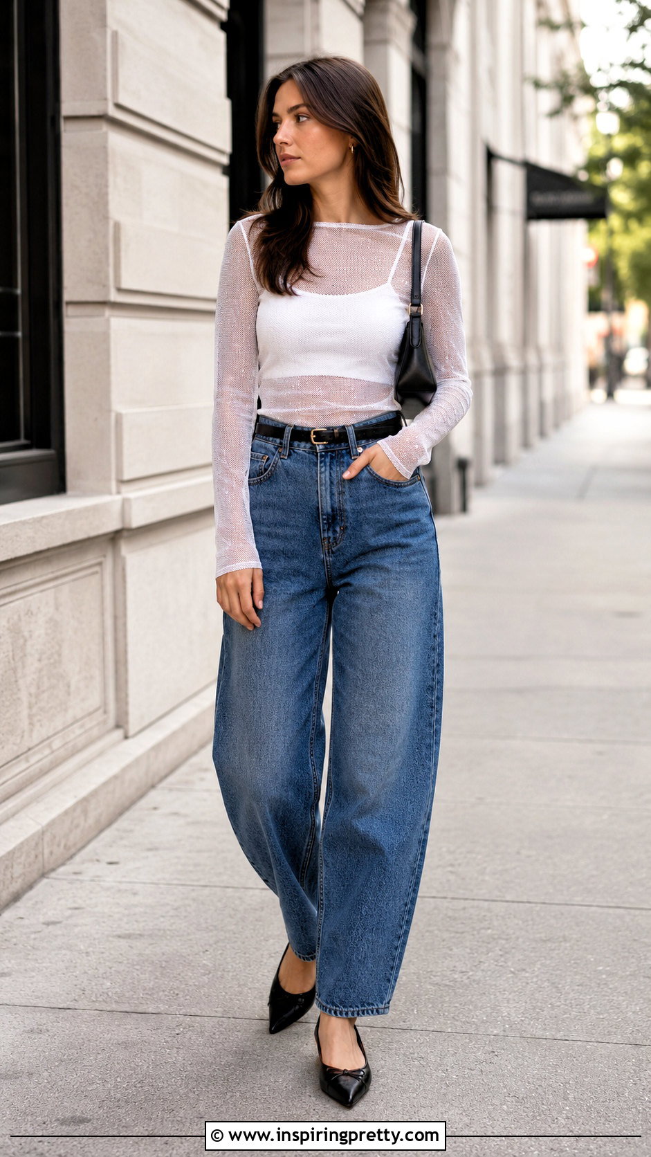 Sheer Long Sleeve Top With Barrel Jeans - 50 sheer long sleeve top outfit ideas