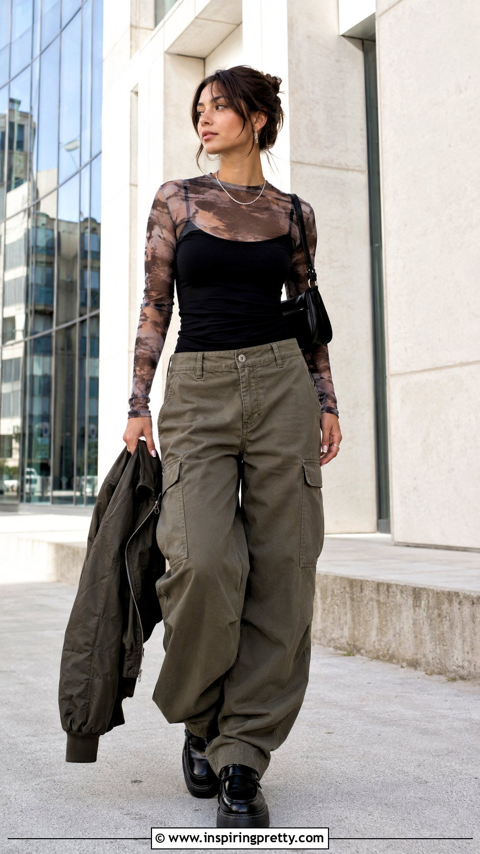 Sheer Long Sleeve Top With Cargo Pants - 20 comfy long sleeve tops outfit ideas