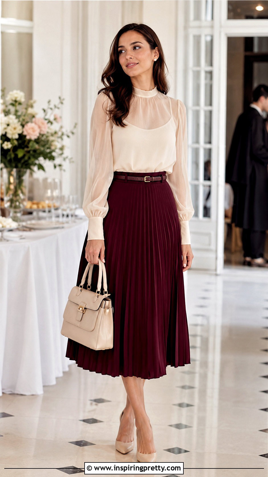 Sheer Long Sleeve Top With Pleated Midi Skirt - 50 sheer long sleeve top outfit ideas