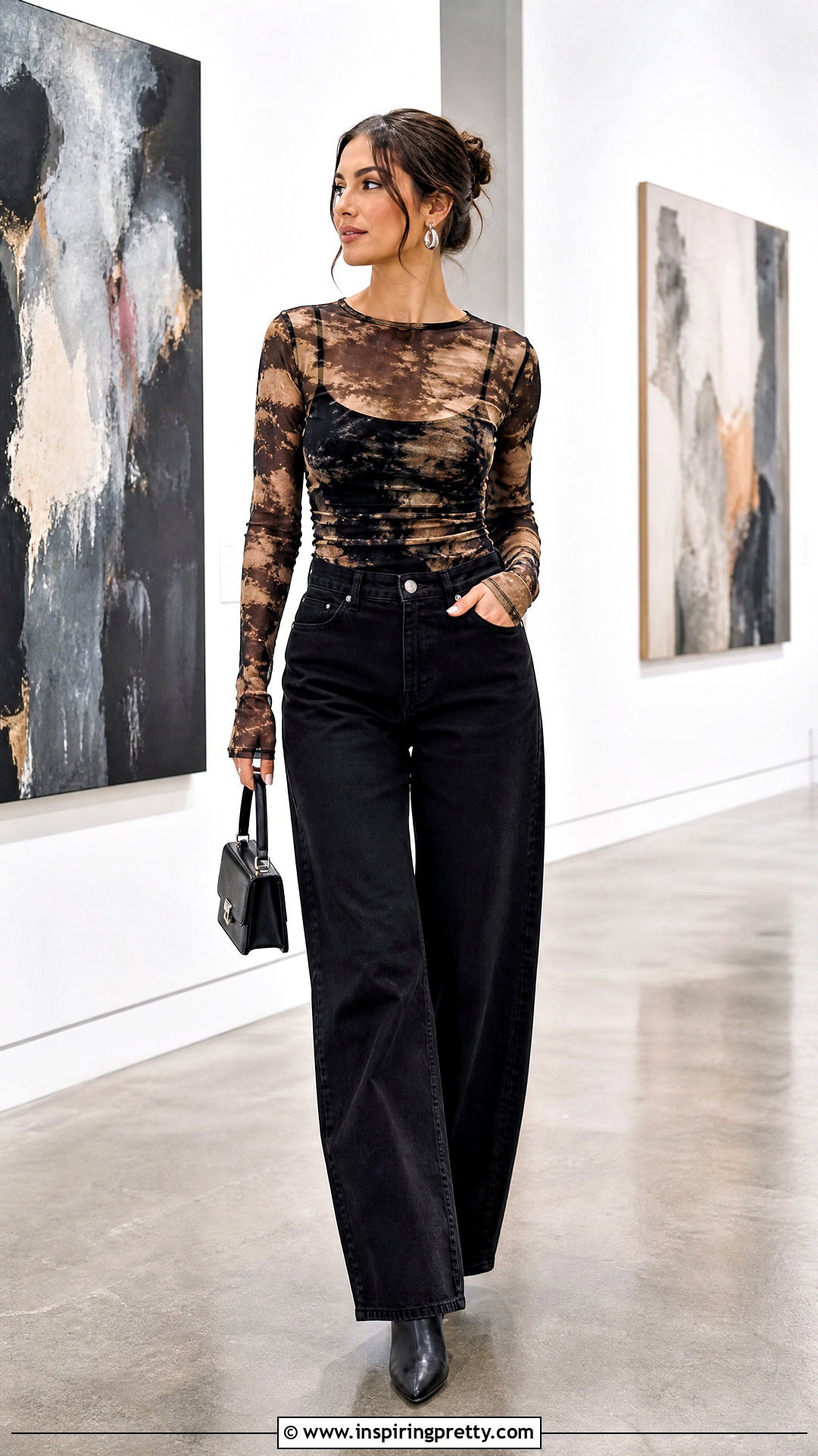 Sheer Mesh Top With Black Jeans - 50 jeans top outfit ideas