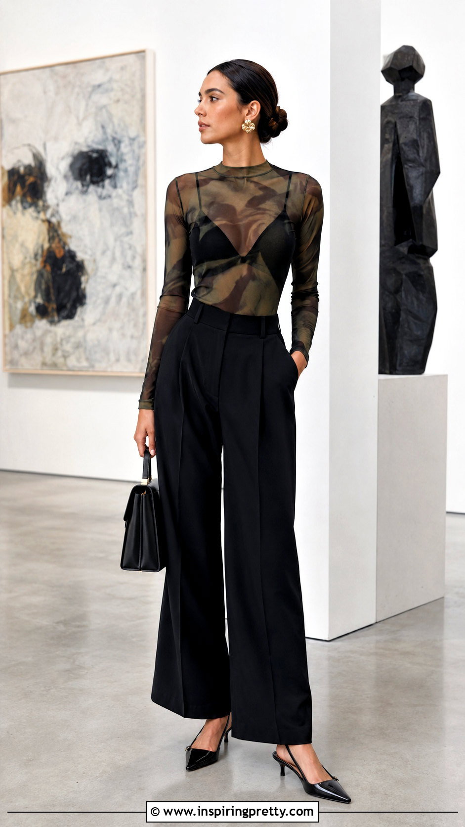 Sheer Mesh Top With Black Trousers - 20 sheer fabric fashion top outfit ideas