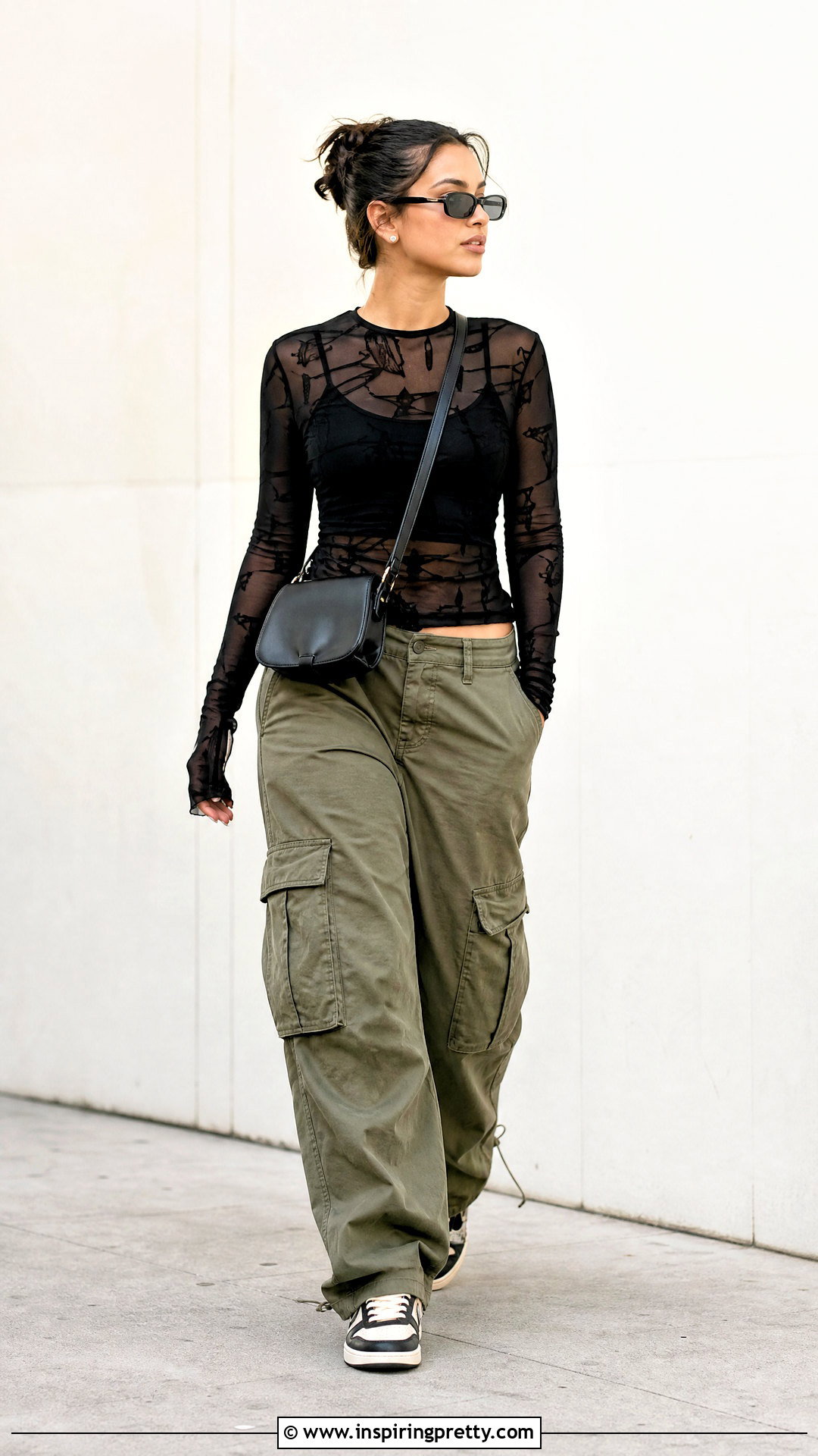 Sheer Mesh Top With Cargo Pants - 50 sheer top outfit ideas