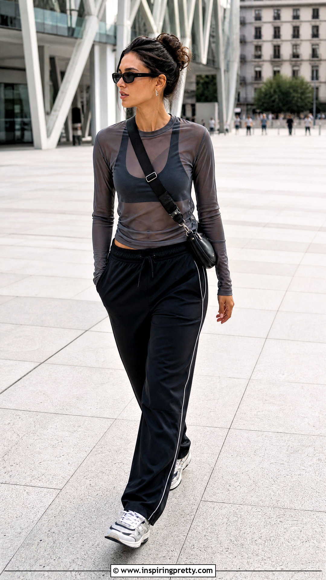 Sheer Mesh Top With Track Pants - 50 sheer top outfit ideas