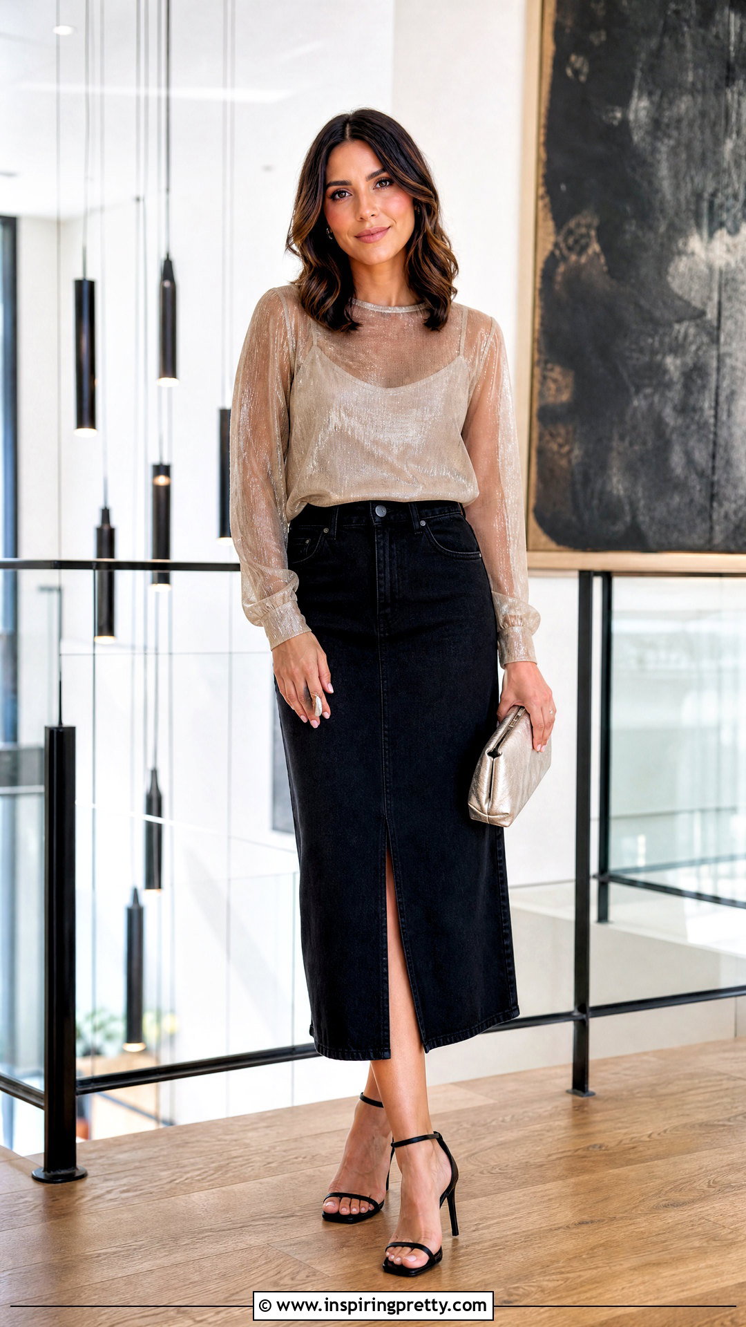 Sheer Metallic Top With Black Denim Midi Skirt - 25 sheer top with denim skirt outfit ideas