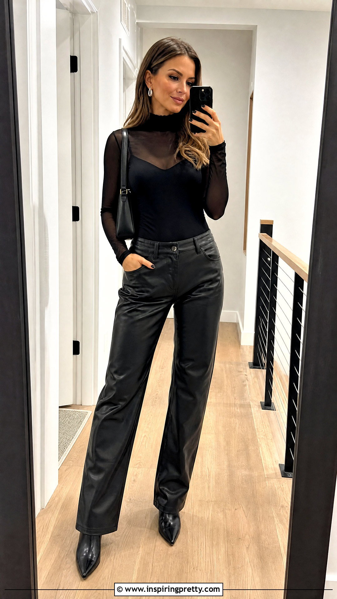 Sheer Mock Neck Top With Leather Pants Selfie - 25 Sheer Top Selfie ideas
