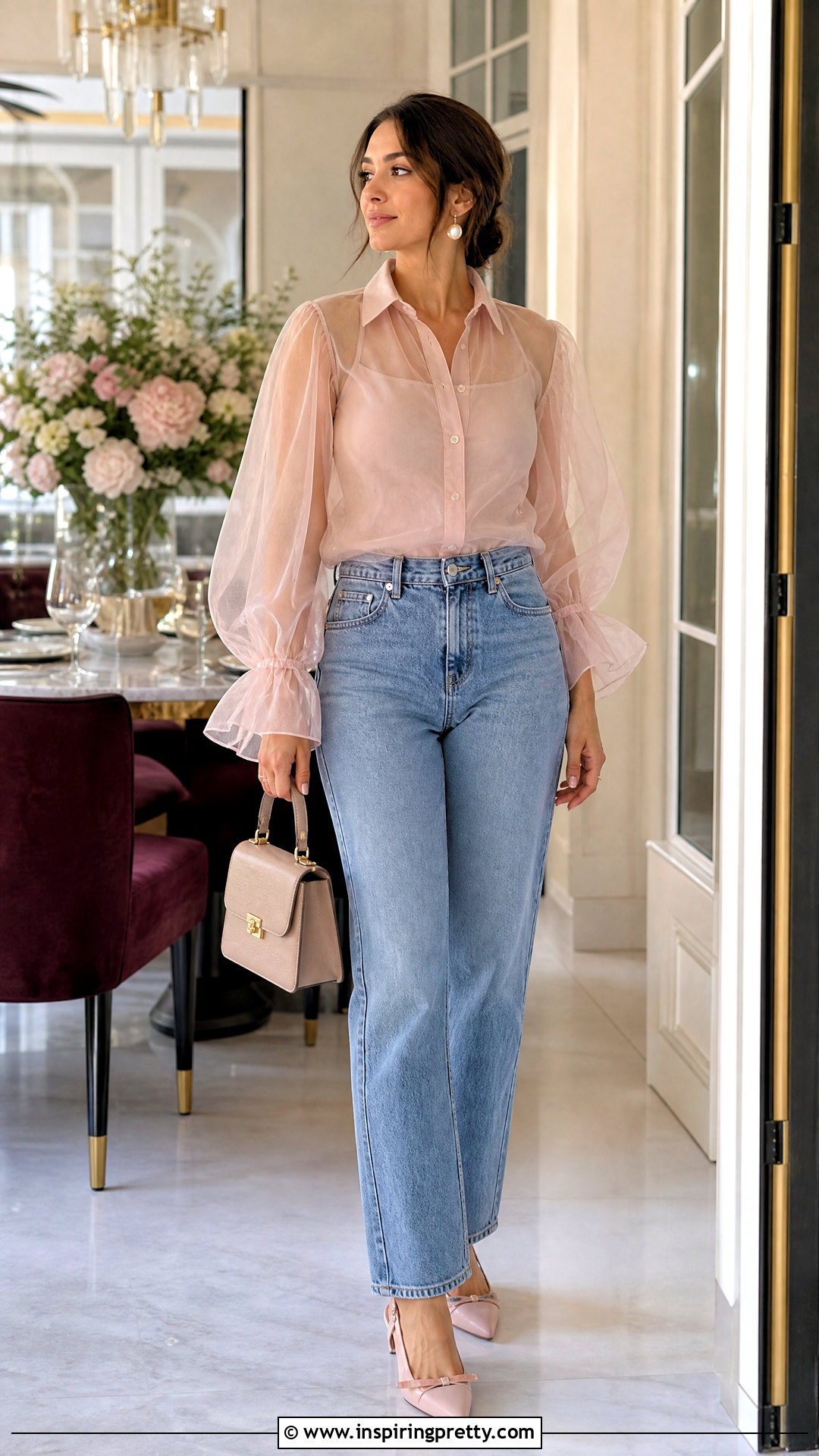 Sheer Organza Blouse And Straight Jeans Birthday Outfit - 50 top and jeans outfits for birthday