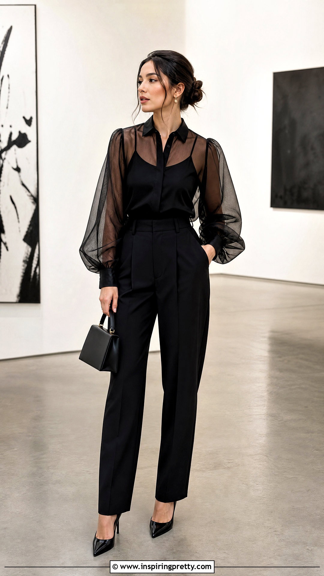 Sheer Organza Blouse With Black Pants - 50 fancy tops for women styles