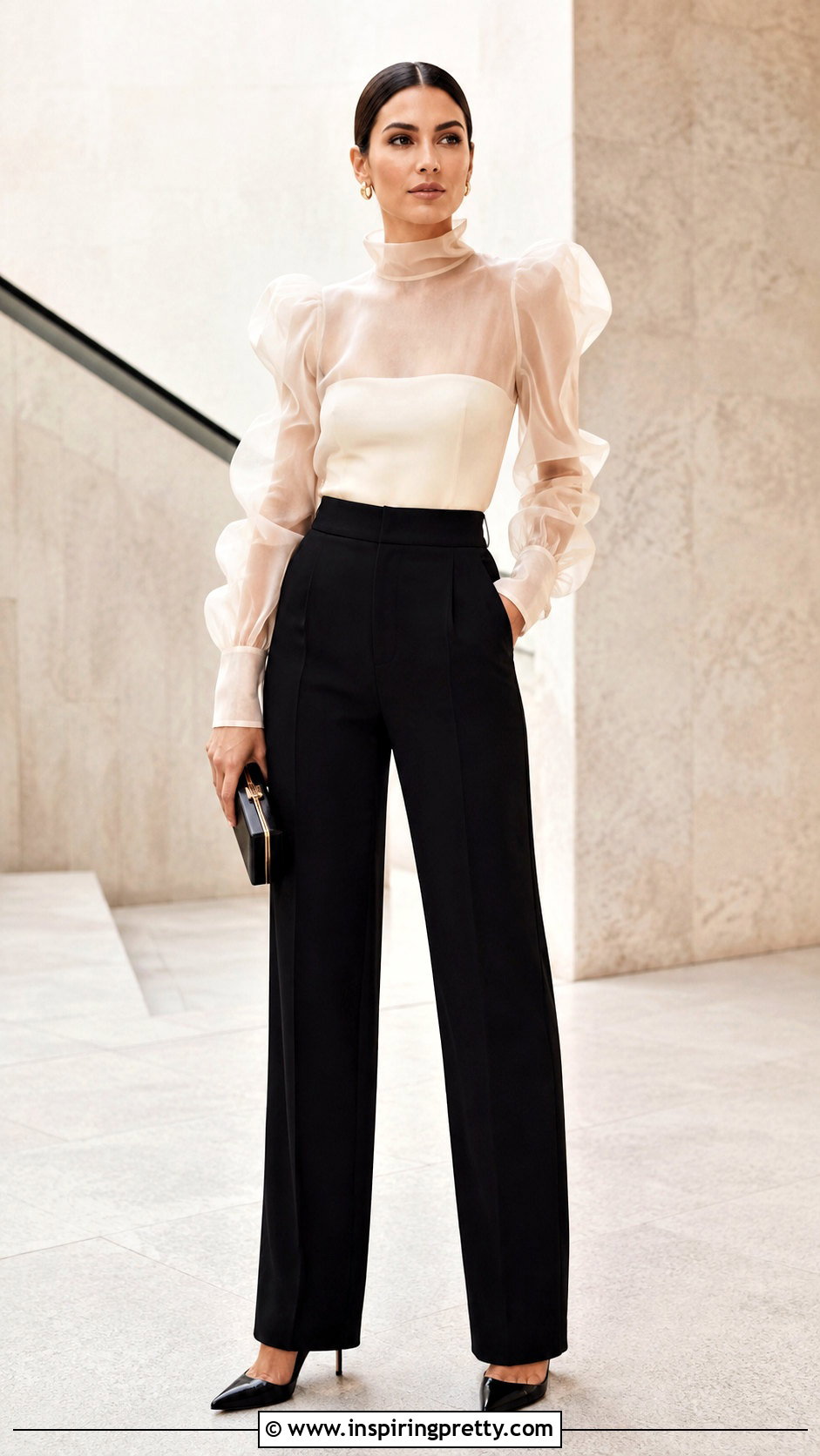 Sheer Organza Top With High Waisted Pants - 50 sheer top outfit classy ideas