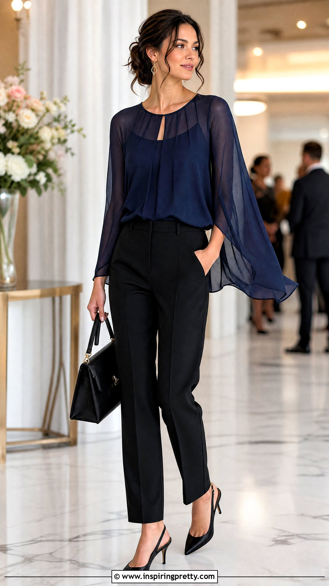 Sheer Overlay Blouse With Dress Pants - 50 top and pants outfit ideas