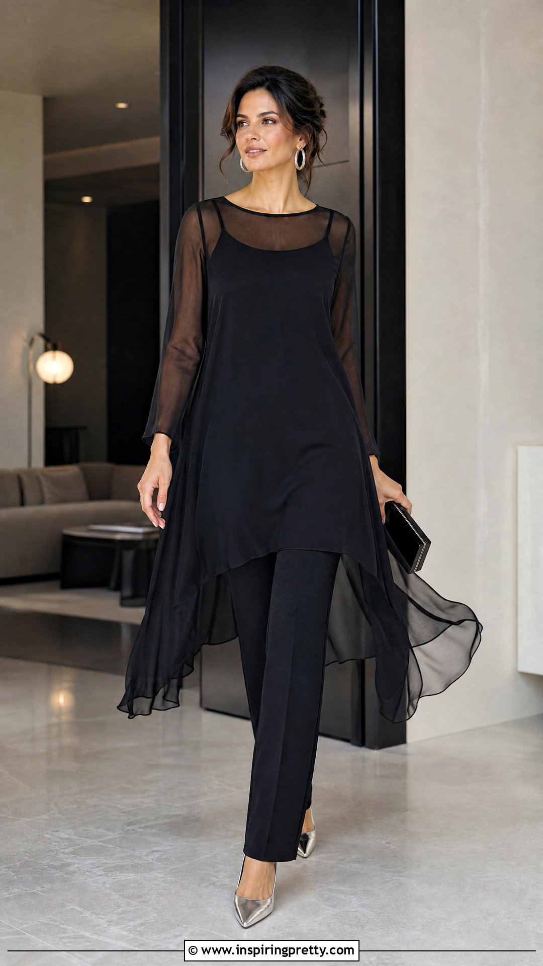 Sheer Overlay Evening Tunic Top With Straight Pants - 20 evening tunic tops outfit ideas