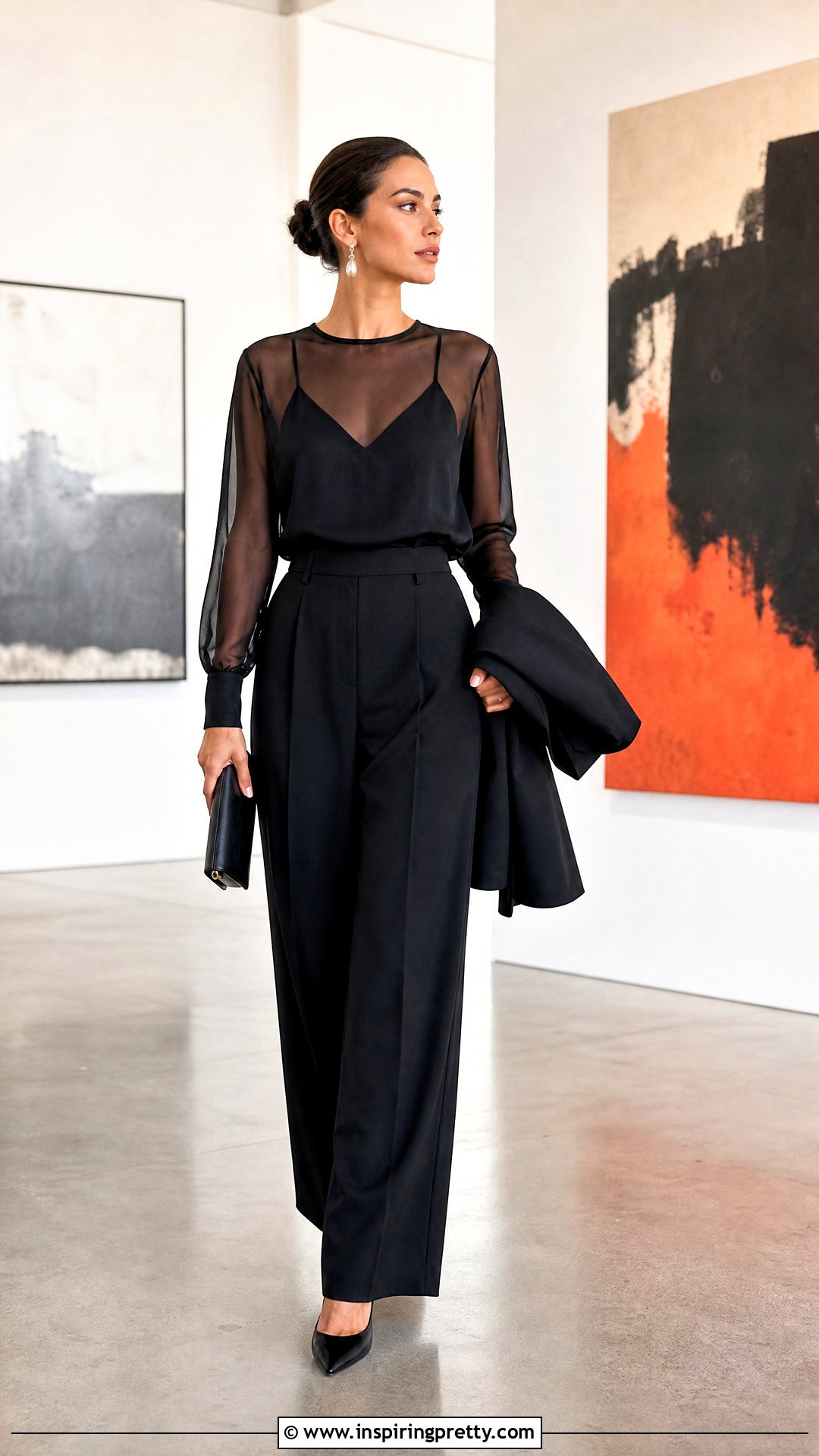 Sheer Overlay Top And Black Trousers Outfit - 50 top styles