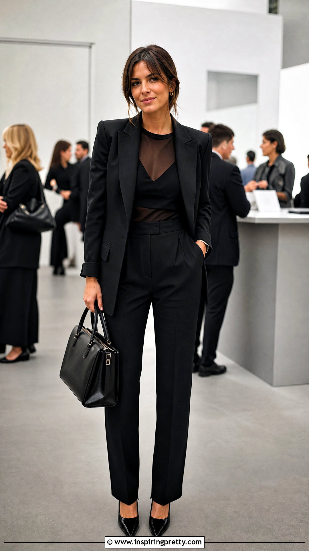 Sheer Panel Top With A Monochrome Suit - 20 Sheer Panel Fashion Top outfit ideas