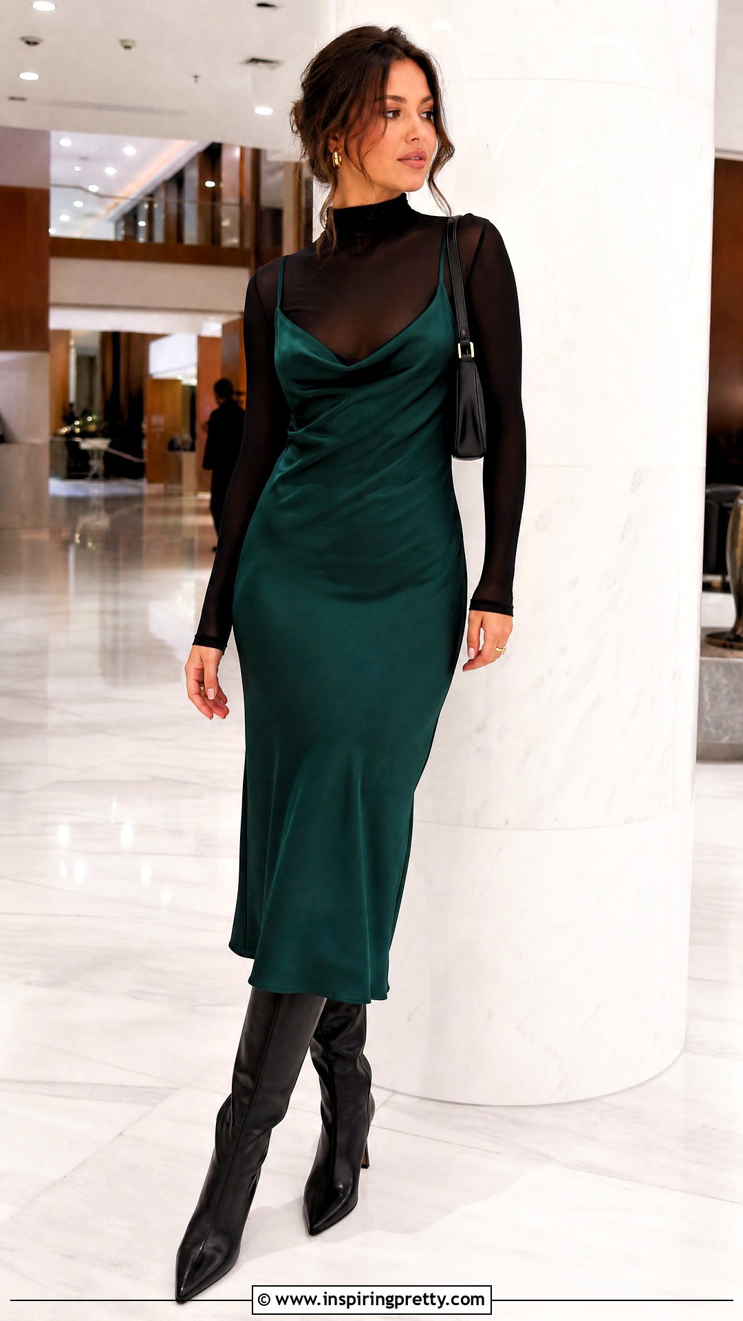 Sheer Panel Turtleneck Under A Slip Dress - 20 Sheer Panel Fashion Top outfit ideas
