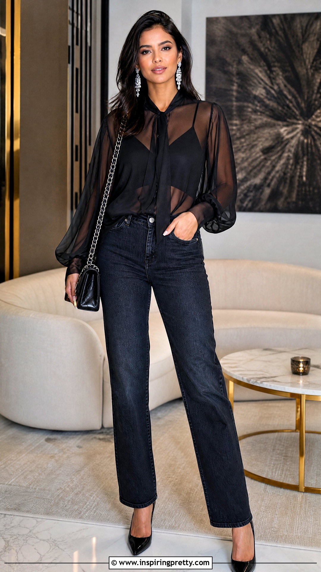 Sheer Party Blouse With Camisole And Straight Jeans - 50 party tops outfit ideas