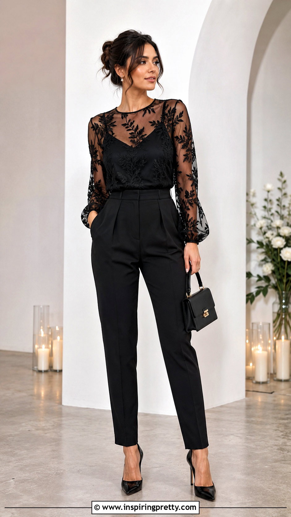 Sheer Party Top With Tailored Pants - 20 dressy party tops outfit ideas