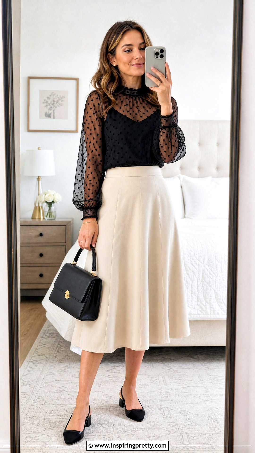 Sheer Polka Dot Top With A Line Skirt Selfie - 25 Sheer Top Selfie ideas