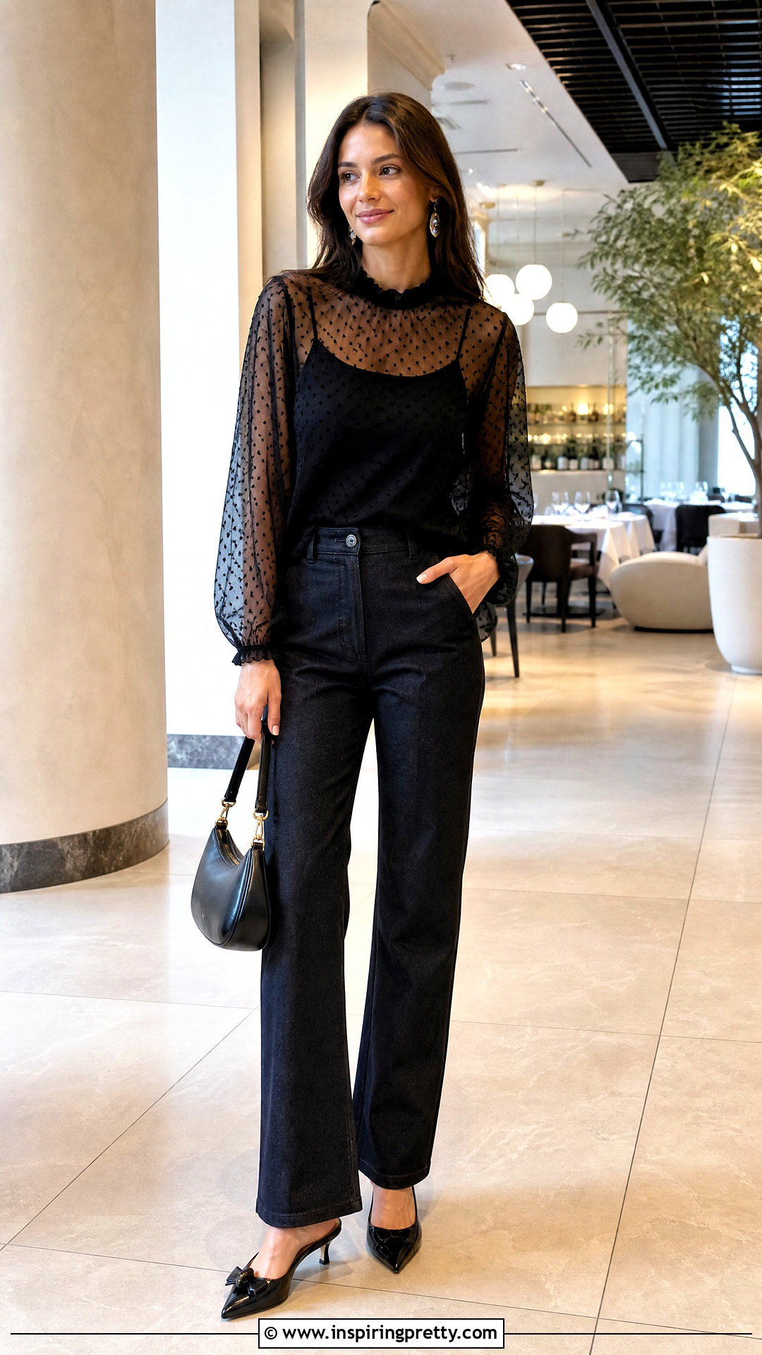 Sheer Polka Dot Top With Tailored Jeans - 50 tops designs