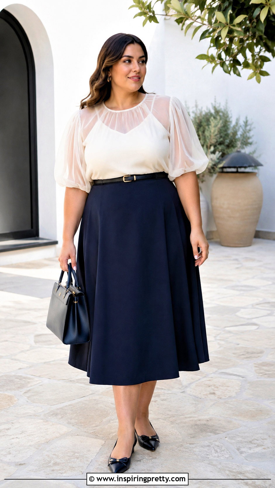 Sheer Puff Sleeve Top With A Line Skirt - 25 elegant sheer top outfit ideas