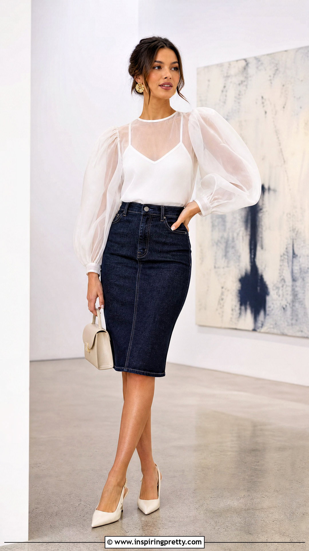 Sheer Puff Sleeve Top With Denim Pencil Skirt - 25 sheer top with denim skirt outfit ideas