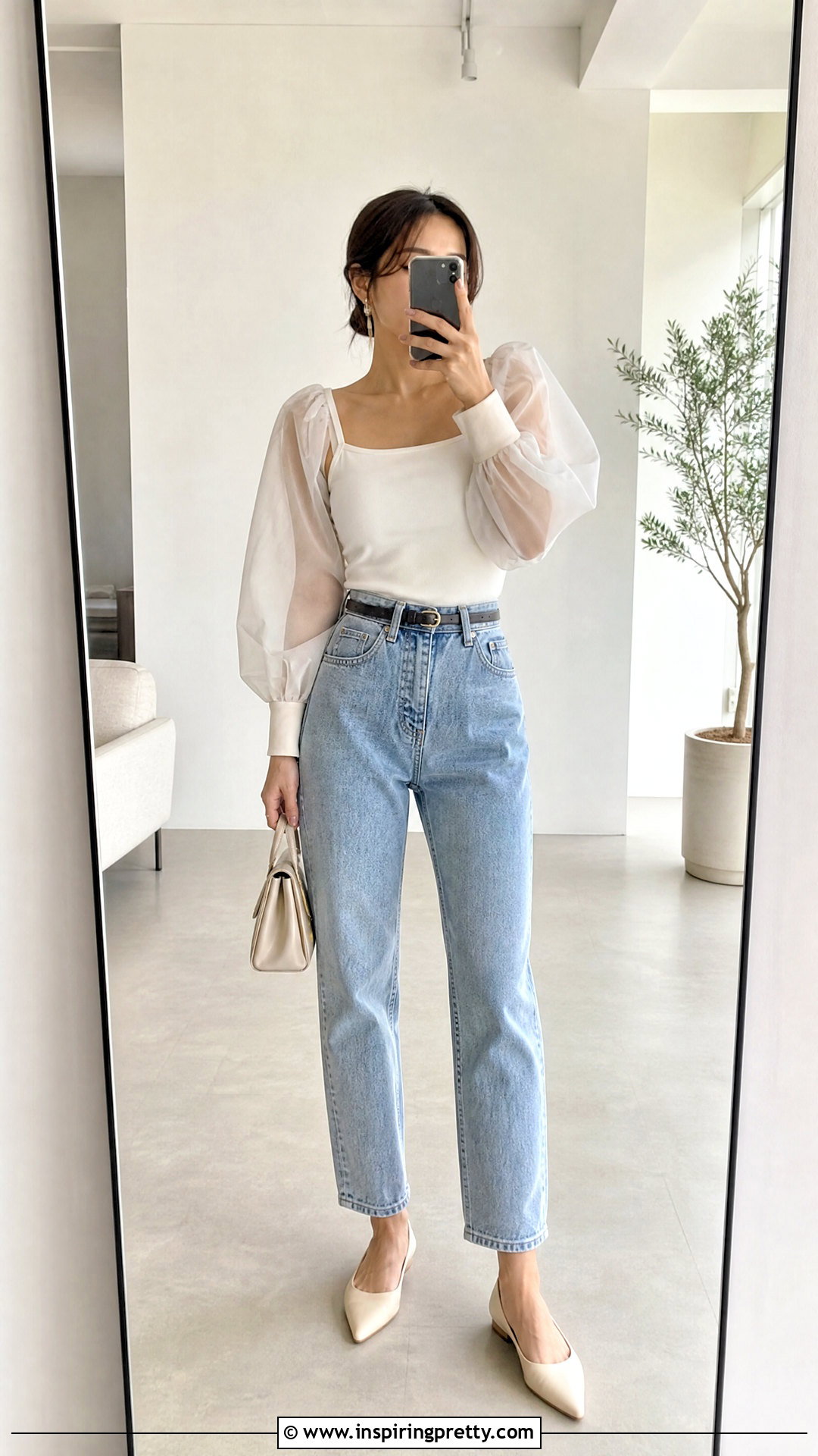 Sheer Puff Sleeve Top With Mom Jeans Selfie - 25 Sheer Top Selfie ideas