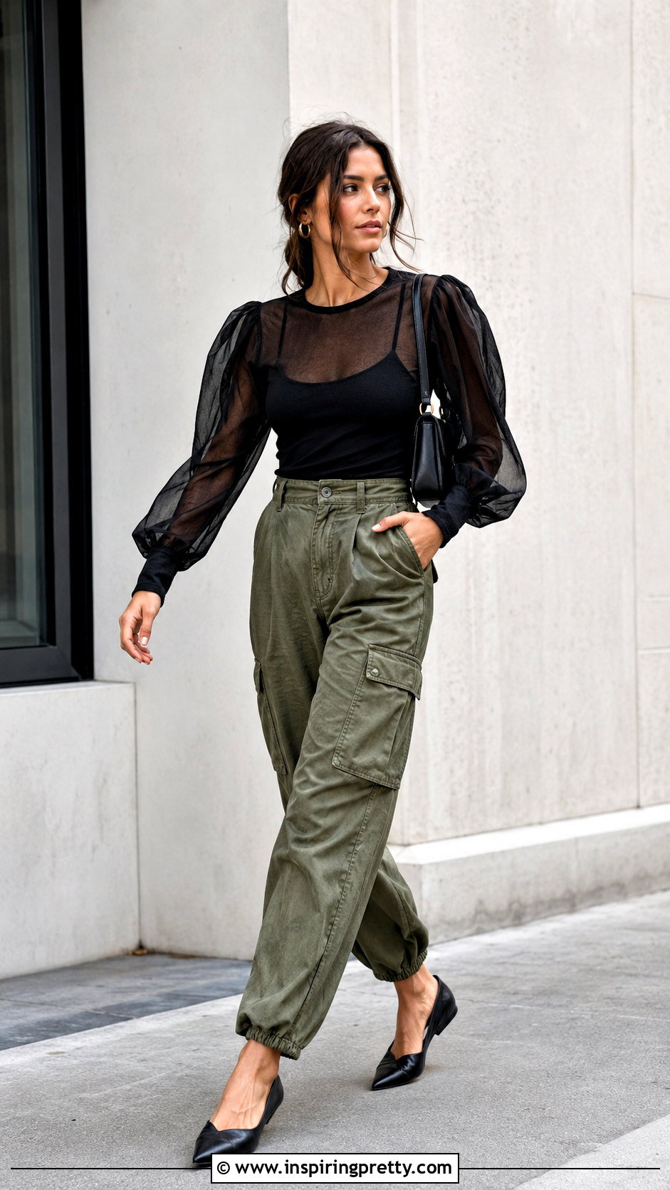 Sheer Puffy Sleeve Top With Cargo Pants - 50 puffy sleeve top outfit ideas
