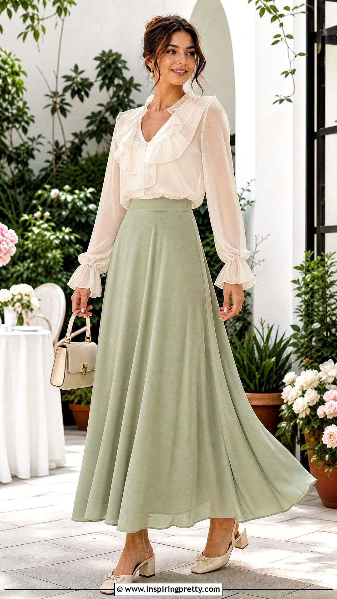 Sheer Ruffle Top With A Maxi Skirt - 20 sheer fabric fashion top outfit ideas