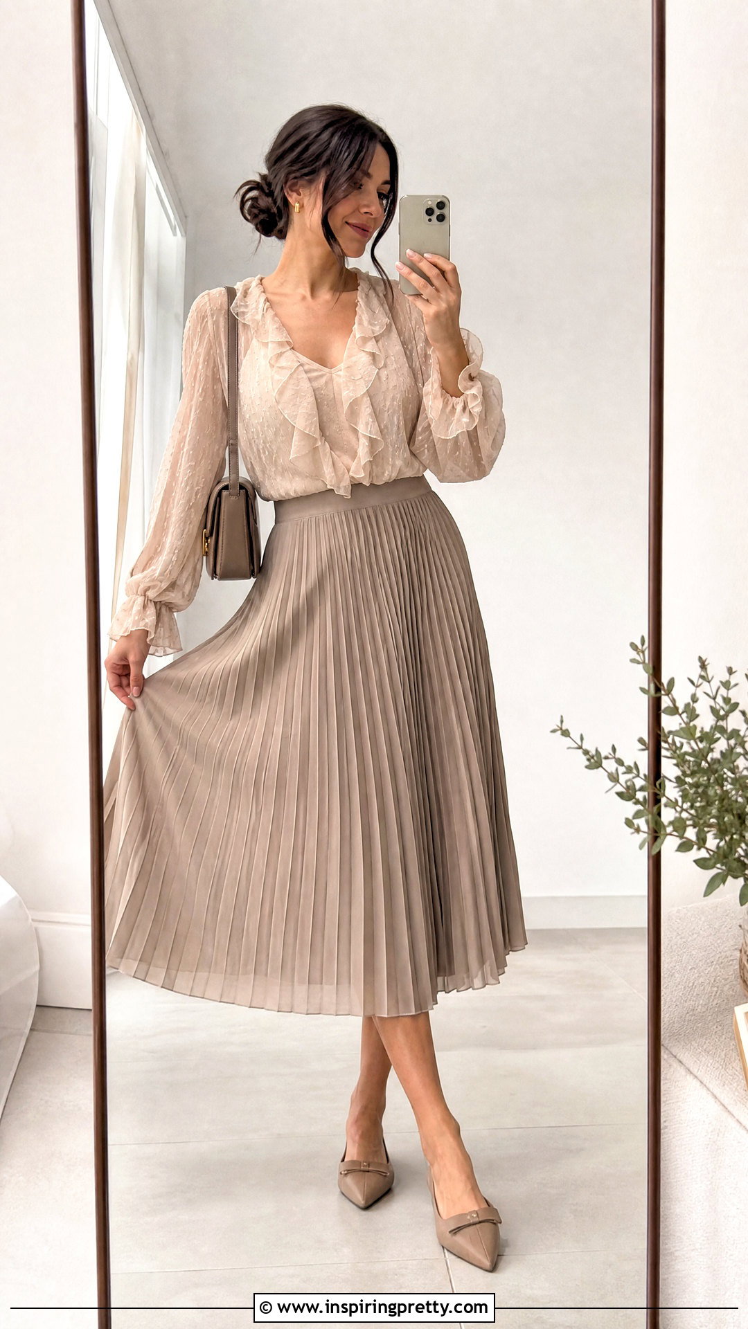 Sheer Ruffle Top With Pleated Midi Skirt Selfie - 25 Sheer Top Selfie ideas
