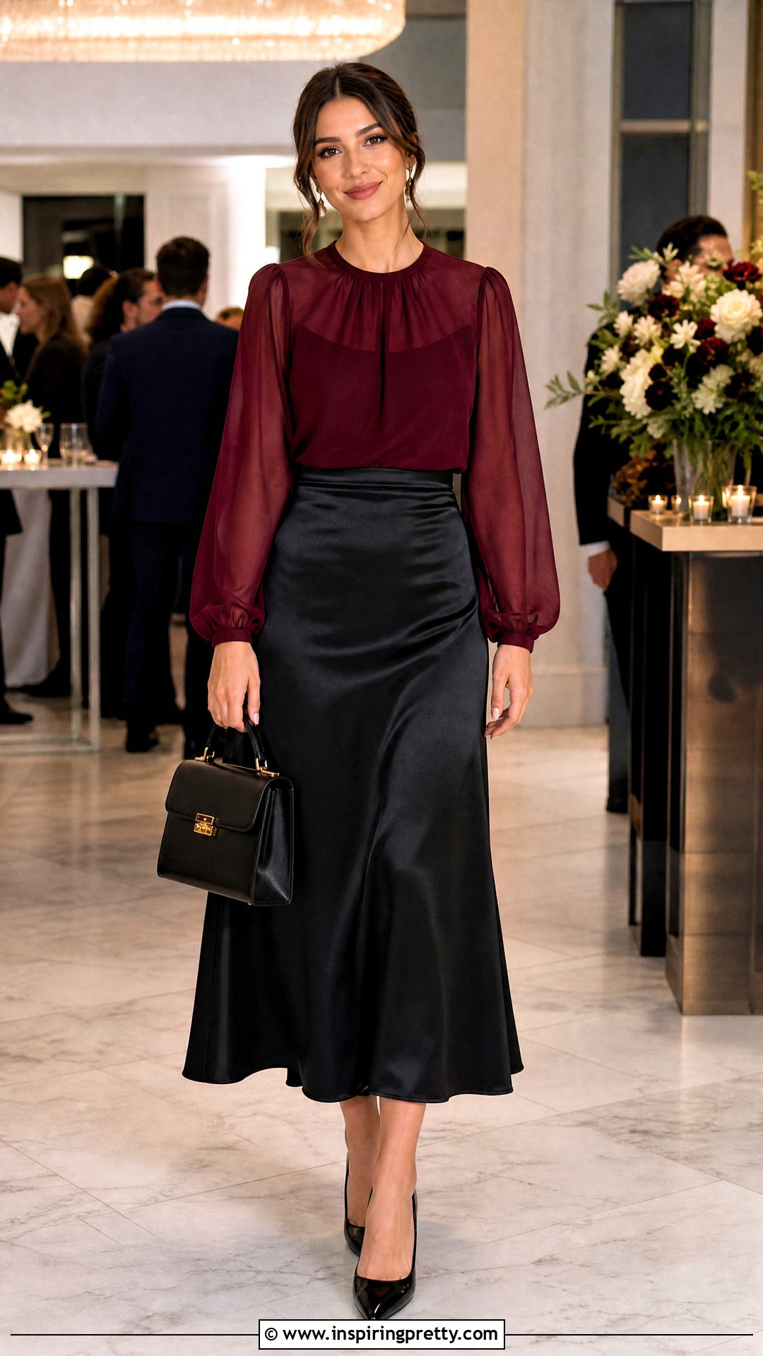 Sheer Sleeve Blouse With Black Midi Skirt - 50 elegant tops outfit ideas