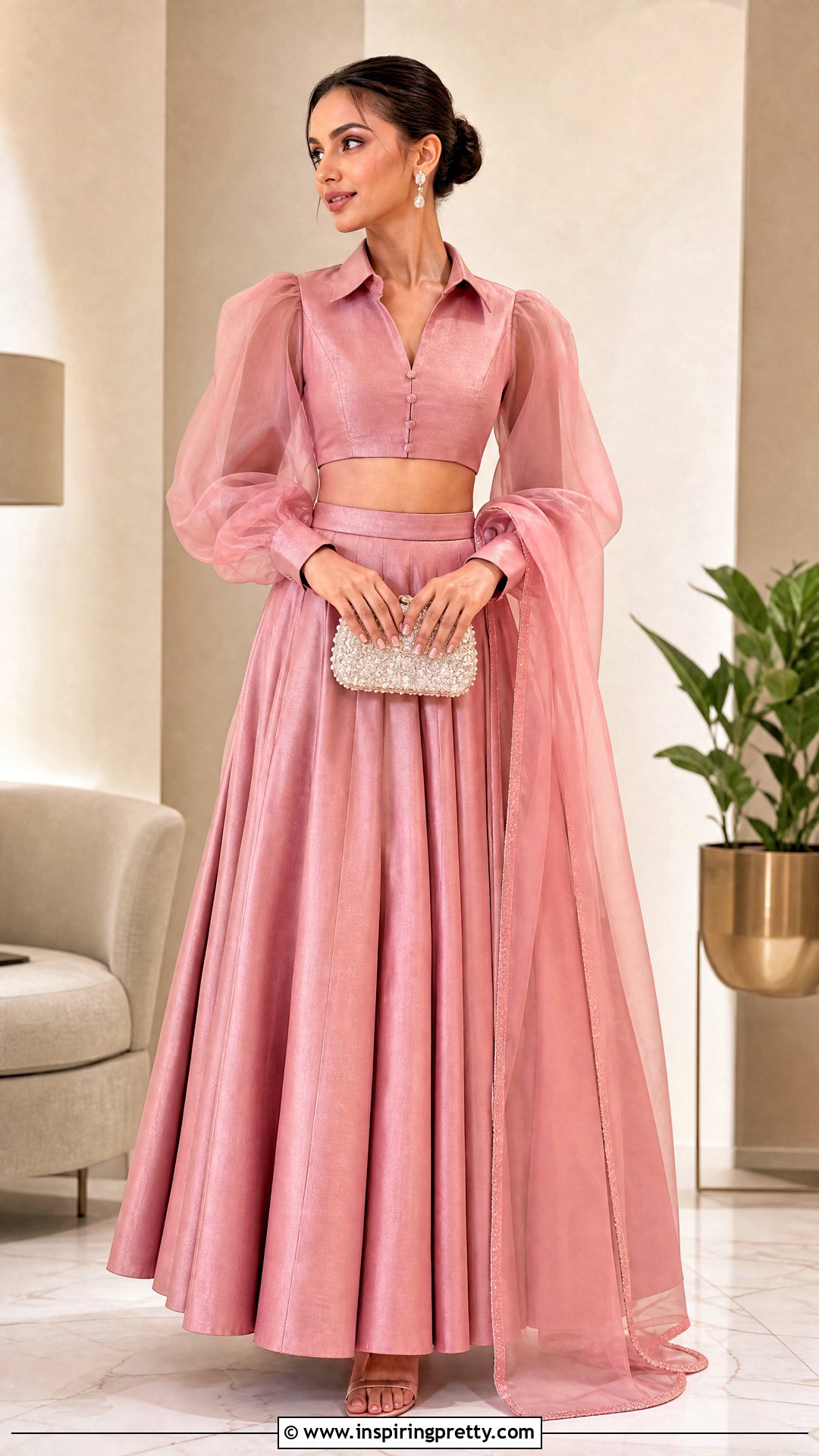 Sheer Sleeve Crop Shirt With Satin Lehenga Outfit - 25 shirt crop top lehenga outfit ideas