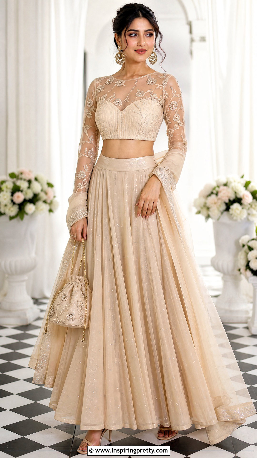 Sheer Sleeve Crop Top Blouse With Lehenga - 50 crop top blouse designs