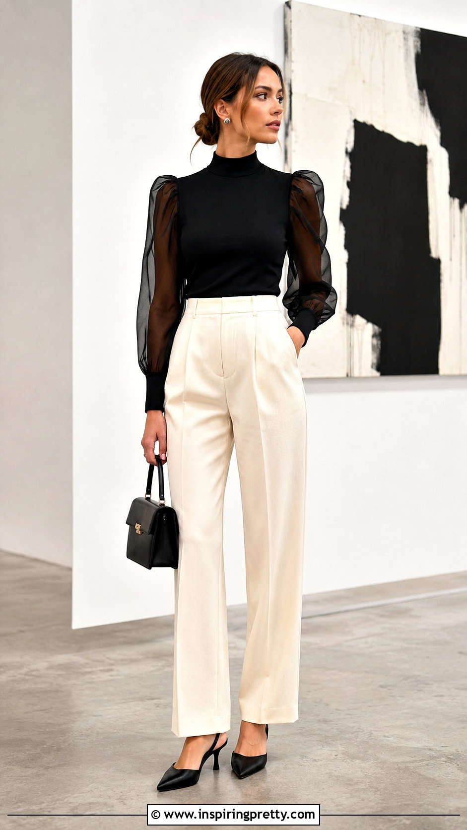 Sheer Sleeve Mock Neck Top With Tailored Trousers - 20 mock neck puff sleeve top outfit ideas