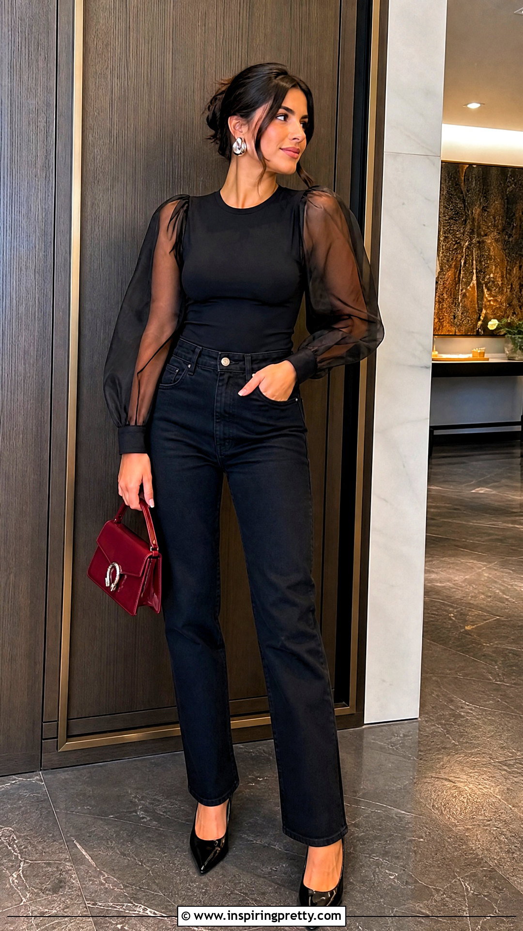 Sheer Sleeve Top With Black Jeans - 50 fancy top outfit ideas