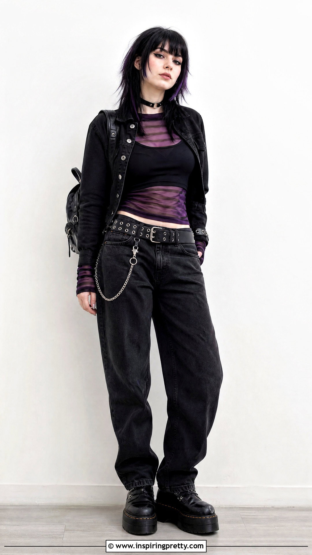 Sheer Striped Top And Black Bralette Layer Emo Outfit - 50 emo top outfit ideas