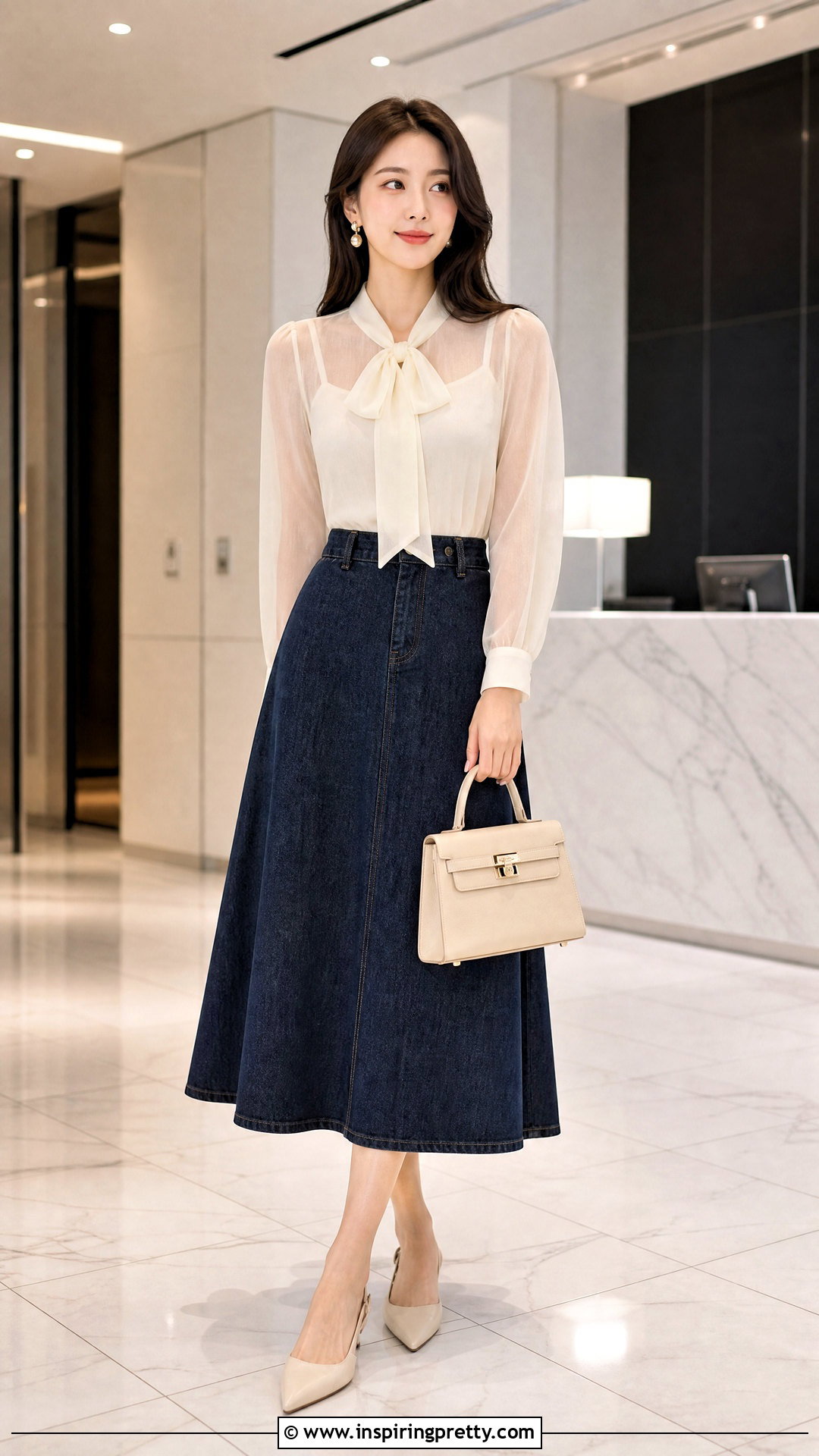 Sheer Tie Neck Top With Dark Denim Skirt - 25 sheer top with denim skirt outfit ideas